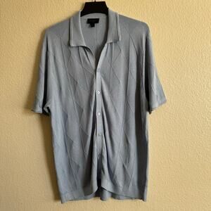 NWOT Magaschoni Argyle Knit Jacquard Pattern Short Sleeve Button Down Blue Men L